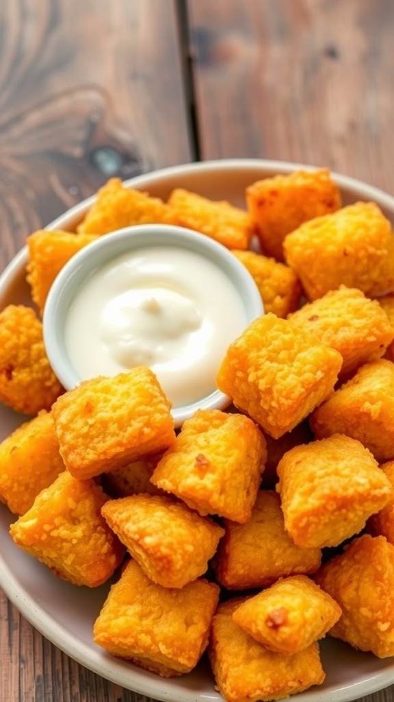 Crispy corn nuggets served on a plate with dipping sauce, on a rustic wooden table.